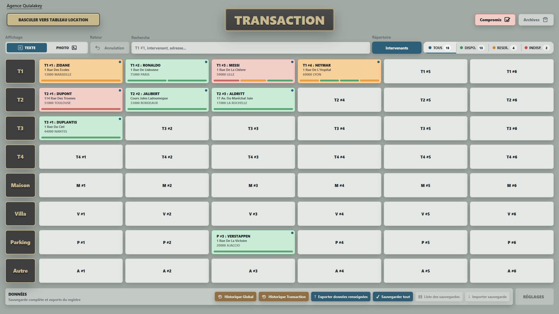 Tableau Quialakey sur ordinateur : biens classés par type, disponibilité des clés et recherche.